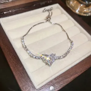 Women's Copper Rhinestone Heart Shaped Adjustable Bracelet Ins Style Elegant Sweet Dainty Sparkly Hand Jewelry Gift