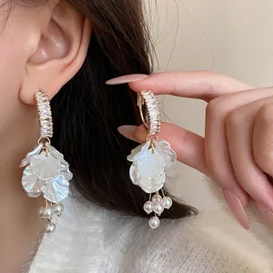 Elegant long zircon pearl flower petal tassel earrings with silver needle hooks for women