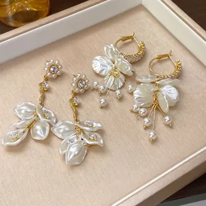 Elegant gold-tone long pearl flower tassel earrings with zircons and silver needle