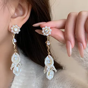 Elegant long zircon pearl flower tassel drop earrings with refined vintage design