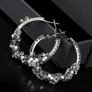 Exaggerated Western Style Alloy Rhinestone Hoop Earrings For Women Silver Color Sequin Inlaid Big Circle Earrings With 925 Sterling Silver Earring Post Fashion Jewelry