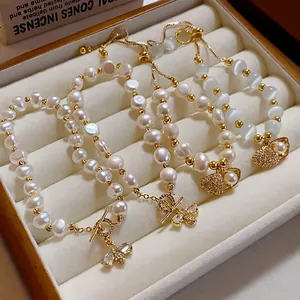 Vintage Gold Plated Cat's Eye Stone Artificial Pearl Bracelet For Women Geometric Bee Shell Zirconia Inlaid Luxury Jewelry