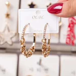 Detail view of gold rhinestone hoop earrings with sequins on a S925 silver needle card
