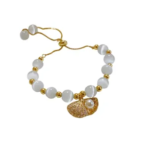 Elegant real gold-plated cat's eye stone beaded bracelet with shell and pearl charm