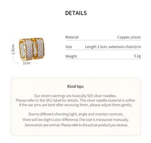 Detailed macro view of gold plated square zircon earrings with 1.5cm size chart info.