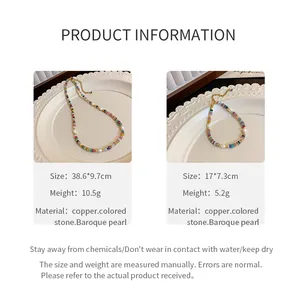 Spécifications détaillées pour l'ensemble collier et bracelet en perles baroques dorées.