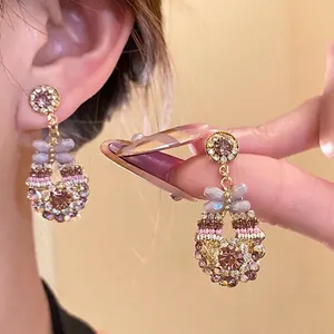 Vintage Luxus Runde Glas Anhänger Ohrringe Mit Silber Ohrringpfosten Gold Lila Strass Schleife Ohrringe Für Damen Schmuck