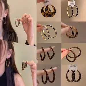 Vintage Leopard Print Synthetic Leather Large Hoop Earrings For Women Alloy Gold Geometric Silver Earring Post Jewelry Accessory