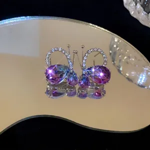 Luxury Alloy Rhinestone Butterfly Teardrop Stud Earrings With 925 Sterling Silver Earring Post Elegant Purple Gradient Earrings For Women