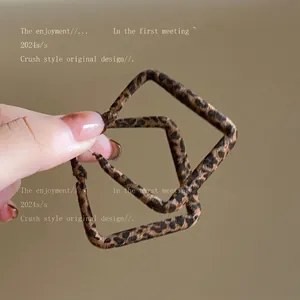 Large leopard print square hoop earrings with textured leather finish for women