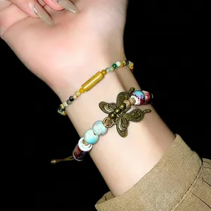Butterfly Ceramic Bead Woven Rope Bracelet Vintage Ethnic Style Handmade Adjustable Hand Chain For Women Jewelry Gift