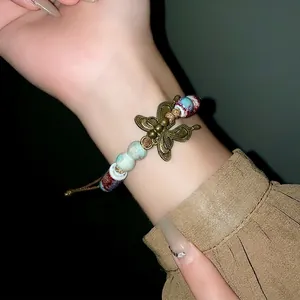 Vintage ethnic butterfly bracelet with ceramic beads and woven cord for women stylish