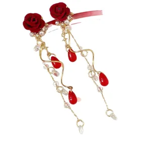 Elegant red rose dangling earrings with pearls and red teardrops for women