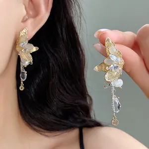 Orecchini a Nappa Farfalla Vintage Francese Perno Argento Lussuosi Orecchini Incastonati con Vetro Strass Perle Artificiali