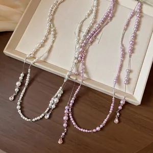 French style elegant long pearl necklace with crystal teardrop pendants for women