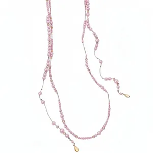 Elegant French style pink beaded pearl long necklace sweater chain with teardrop charms