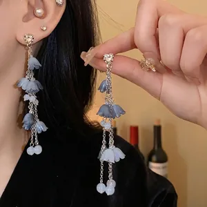Élégantes boucles d'oreilles pendantes fleurs et strass avec tige en argent pour femme
