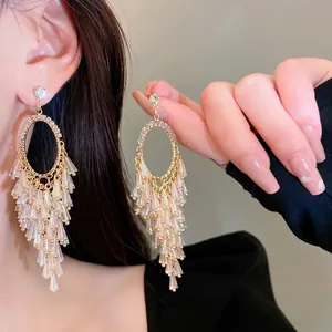 Elegant Oval Rhinestone Long Tassel Drop Earrings Gold Plated Alloy Crystal Wedding Jewelry With 925 Sterling Silver Post