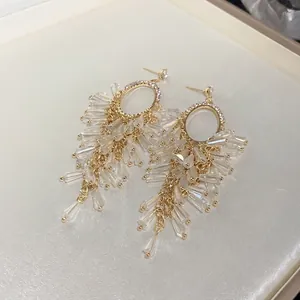 Elegant gold crystal tassel earrings with oval rhinestone hoop and silver pins