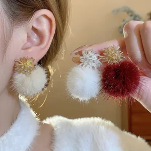 Luxury 925 Sterling Silver Earring Post Fireworks Rhinestone Fur Ball Stud Earrings For Women Elegant Winter Fashion Jewelry