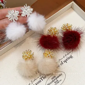 S925 silver needle firework earrings with soft fur balls and sparkling rhinestones