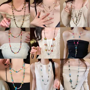 Vintage Ethnic Irregular Colorful Glass Bead Layered Necklace For Women Retro Copper Zirconia Clavicle Chain Jewelry Neckwear