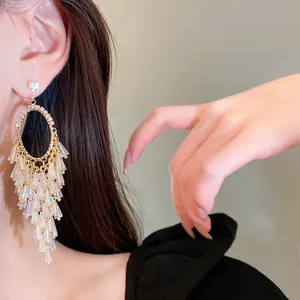 Close-up detail view of elegant oval rhinestone crystal tassel earrings worn on a model ear