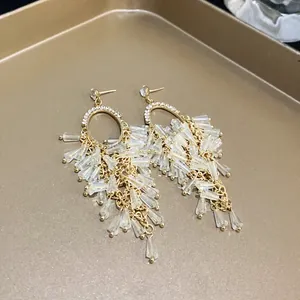 Macro detail of elegant gold oval earrings featuring shimmering clear crystal tassel fringe