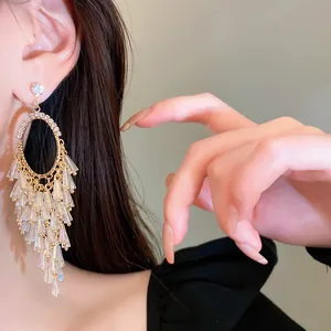 Detail shot of elegant silver needle oval earrings with sparkling crystal tassels