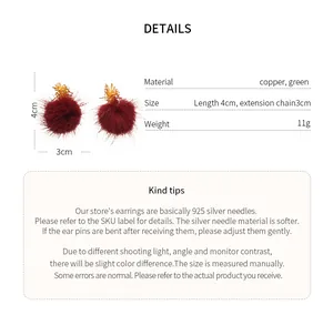 Detailed product specifications for burgundy fur ball earrings with 925 silver needles