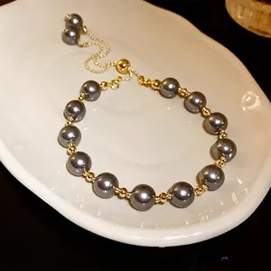 Bracciale Regolabile Vintage in Perle Artificiali Grigio Scuro Lega Placcata Oro Bracciale con Perle Geometriche per Donna Gioielli Eleganti