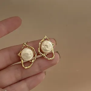 Vintage Irregular Round Artificial Pearl Stud Earrings With 925 Sterling Silver Earring Post Gold Plated Alloy Niche Design Jewelry For Women
