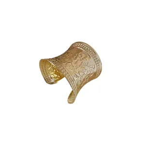 Elegant vintage gold wide open cuff bracelet with intricate floral embossed patterns