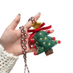 Handmade plush Christmas tree pendant necklace with red bow and colorful braided cord