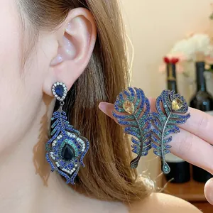 French Retro Palace Style Feather Zirconia Stud Earrings Women Copper Alloy 925 Sterling Silver Post Exaggerated Jewelry