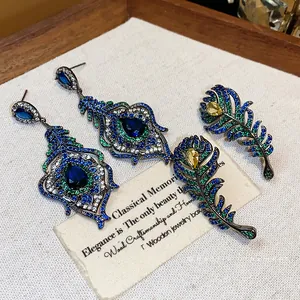 Vintage French royal style peacock feather earrings with colorful cubic zirconia
