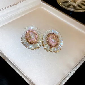 Lussuosi Orecchini a Bottone a Fiore in Lega Con Perno in Argento Sterling 925 Cristallo Ovale Gioielli di Moda Donna