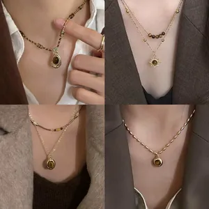 Maillard Style Retro Oval Artificial Tiger Eye Necklace Copper Gold Plated Stainless Steel Pendant Sweater Chain For Women Fashion Jewelry
