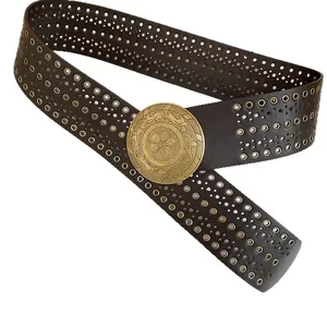 Western style wide brown leather waist belt featuring metal rivets and an ornate golden buckle