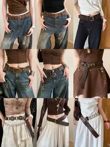 Collage showing various Western-style studded belts for women with different outfits