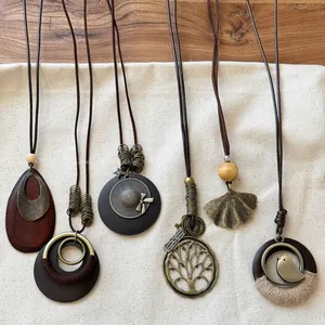 Vintage Bohemian Ethnic Style Long Pendant Necklace For Women Zen Handmade Wood Alloy Leaf Bird Sweater Chain Jewelry