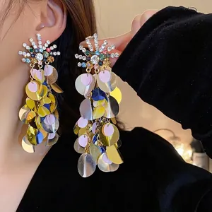 Exaggerated Alloy Rhinestone Sunflower Sequin Dangle Earrings With Silver Earring Post Colorful Vacation Style Women Jewelry