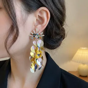 Oversized multi-layer sequin dangle earrings with rhinestones and silver needles for women