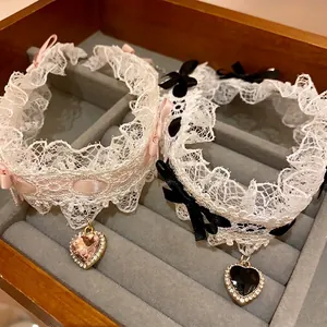 Collana Girocollo in Pizzo con Fiocco per Donna Pendente a Cuore con Strass Gioielli di Moda Stile Lolita Regalo per Festa