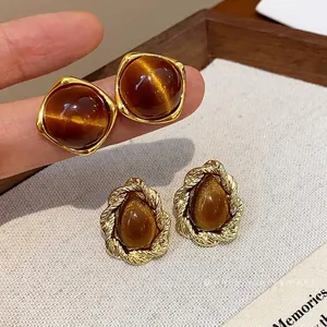 Retro Maillard Resin Stud Earrings With 925 Sterling Silver Earring Post Vintage Gold Twisted Frame Brown Geometric Earrings Jewelry For Women