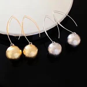 Western Style Exaggerated Round Textured Ball Pendant Hook Earrings Gold Silver Color Copper Metal Jewelry For Women