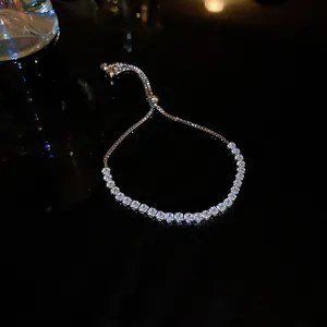 Close-up of sparkling zircon tennis bracelet with adjustable drawstring closure