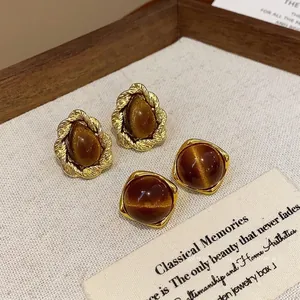 Retro Maillard style resin stud earrings in square and water-drop gold-toned settings