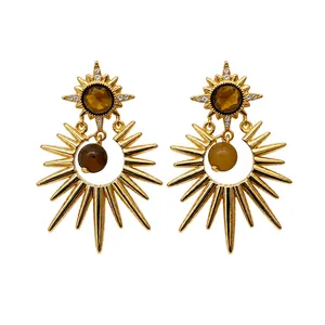 Retro starburst earrings with tiger eye stone and shimmering zircon accents.