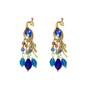 Pendientes de pavo real bohemios con cristalli azules y borlas de cuentas de colores